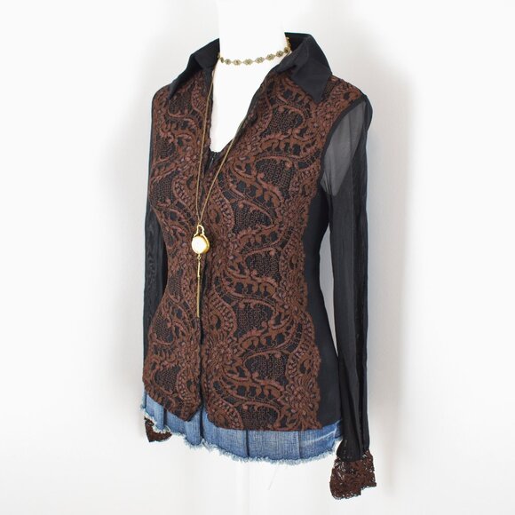 VTG 00s Y2K Kay Celine Black Sheer Mesh Brown Floral Lace Long Sleeve Zip Blouse - Picture 2 of 6
